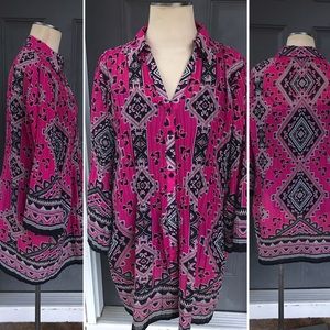 Boho Pink and Black Pleated Button-Up